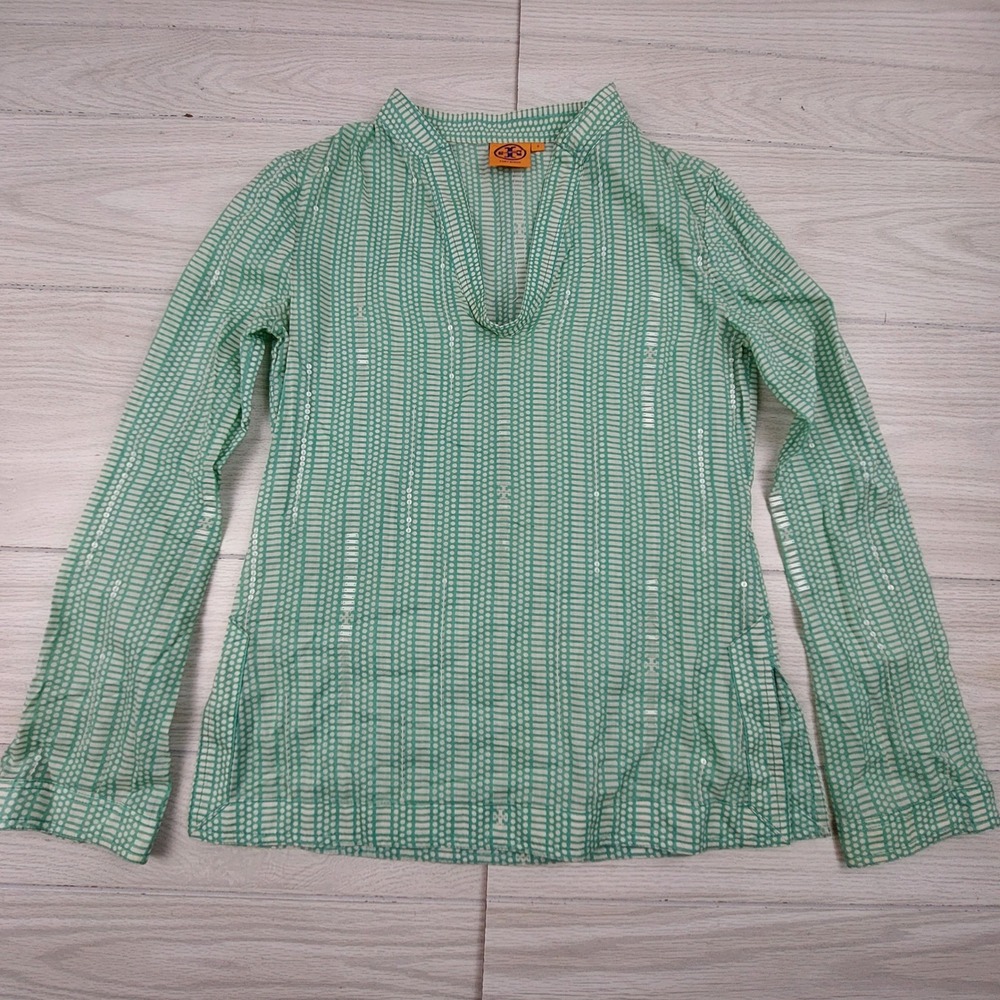 Tory Burch Tunic Top Womens 2 Green White‎ Sequin Geometric Split V-Neck Cotton - Picture 2 of 7